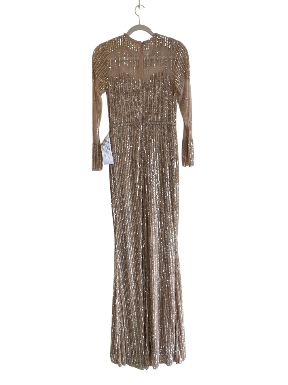 Mac Duggal Champagne Sequin Long Sleeve Gown